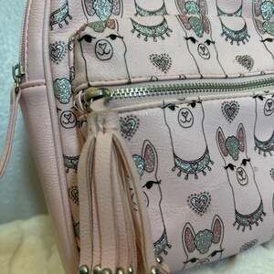 12” CUTE LAMA All Over Print School Backpack Leather Like Zippers